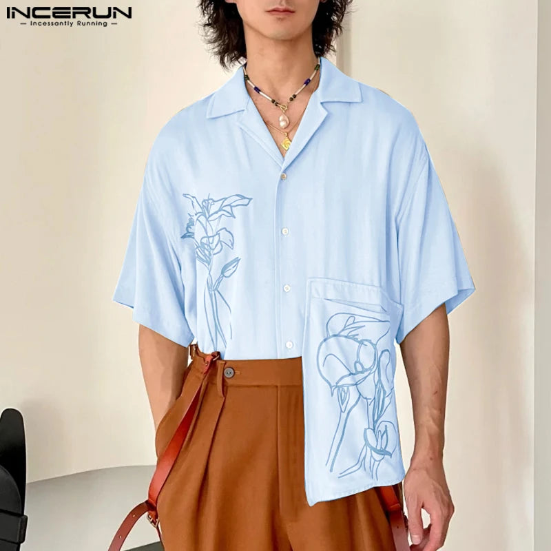 INCERUN Men Shirt Summer Printing Vacation Oversize Lapel Short Sleeve Men Clothing Streetwear 2025 Fashion Casual Tops Men