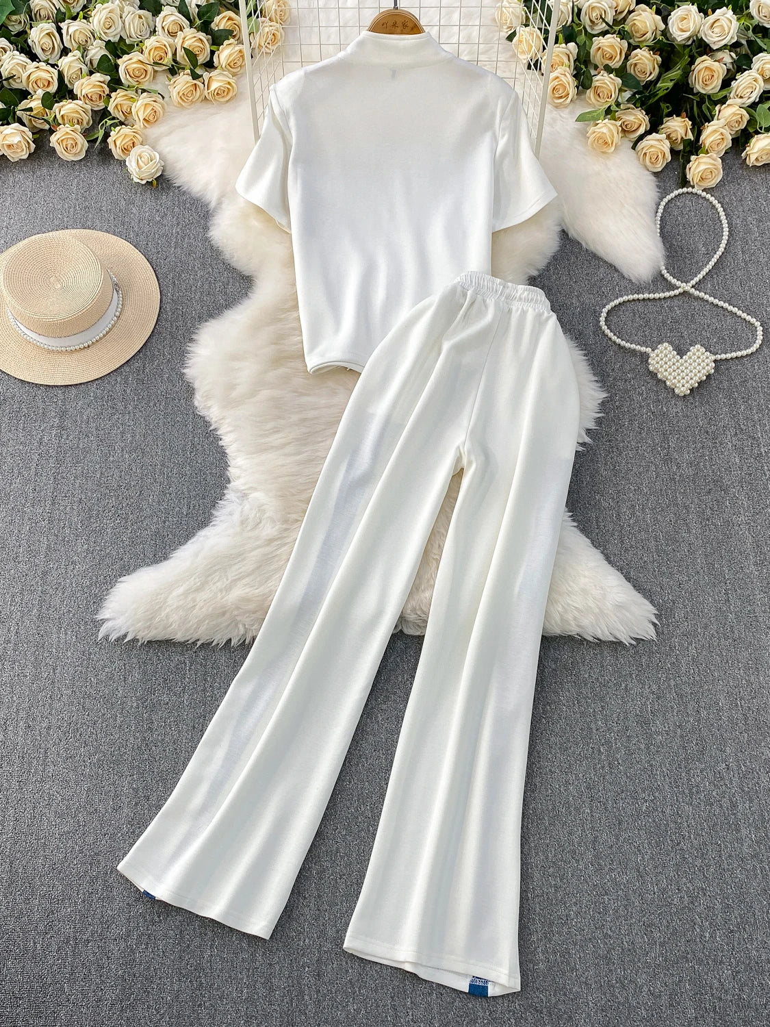 2025 New Casual Zipper Collar ort Sve Patchwork Denim T-irt Top High Waist Slim Wide Leg Pants Two Piece Set Women's F...