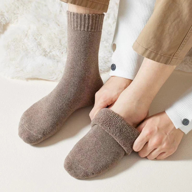 MiiOW Merino Wool Socks Men Winter Thicken Heated Sock Cold Resistant Cashmere Stocking Snow Boots Retro Brown Warm Towel Socks