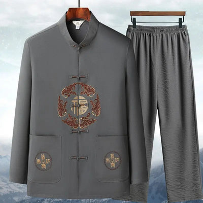 Chinese Traditional Tang Clothing Kung Fu Suit Fashion Casual Embroidery T-shirt Pants Wing Chun Tai Chi Comfortable Men's Set