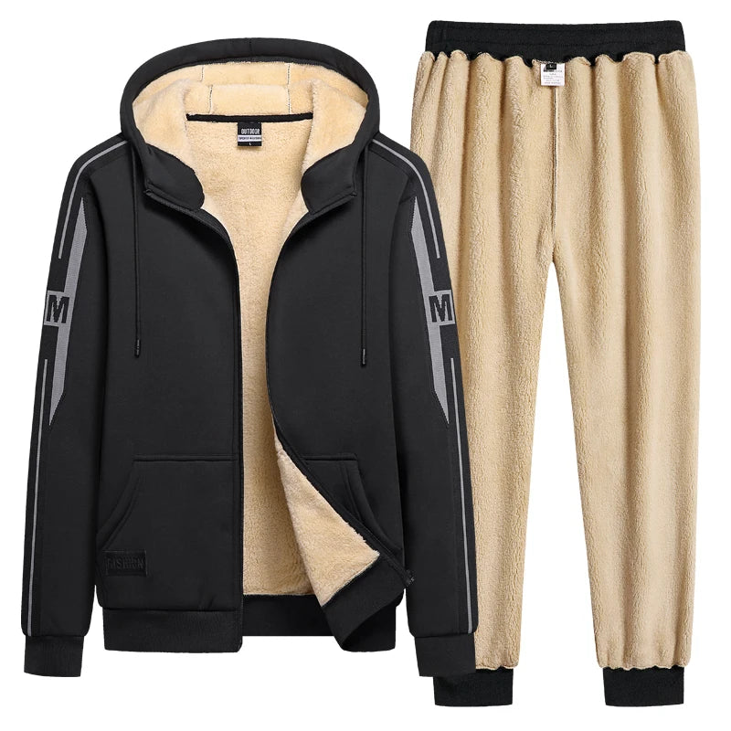 Winter Men Set Warm Thick Hooded Jacket+Pants 2pc Sets Men Lamb Cashmere Hoodies Zipper Tracksuit Man Sports Suit Plus Size 9XL