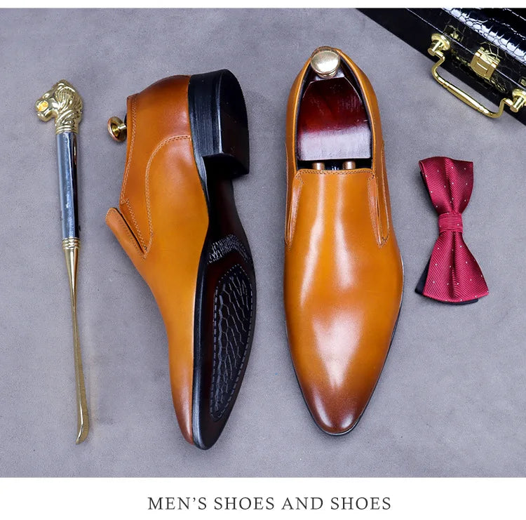 First Layer of Cowhide Shoes Men's Business Formal Shoes Genuine Leather British Style Pointed Toe Leather Shoes Slip-On Loafers