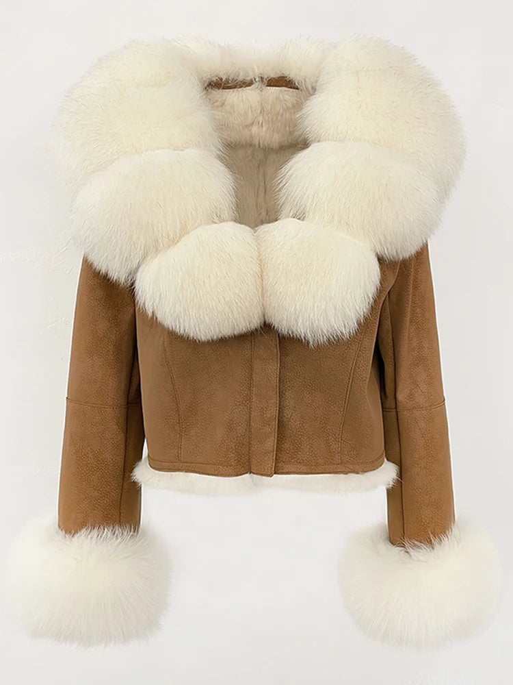 OFTBUY Fashion Short New Autumn Winter Fur Clothing Real Rabbit Fur Liner Suede Jacket Women Natural Fox Fur Collar Coat Female
