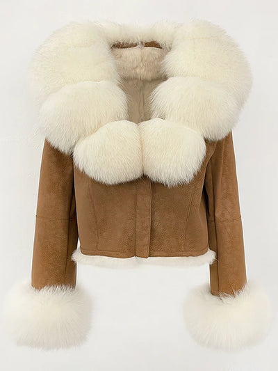 OFTBUY Fashion Short New Autumn Winter Fur Clothing Real Rabbit Fur Liner Suede Jacket Women Natural Fox Fur Collar Coat Female
