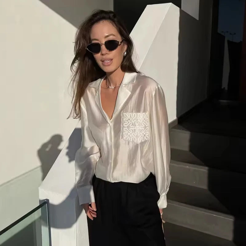 Women's Shirts Autumn 2025 New Fashion Office Shirts Women Chic Pocket Embroidery Retro Elegant Loose Young Blouses Street Tops