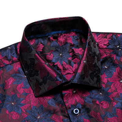 Jacquard Silk Mens Shirts Pink Blue Red Green Gold Long Sleeve Single Breasted Lapel Shirt Blouse Outerwear Wedding Business