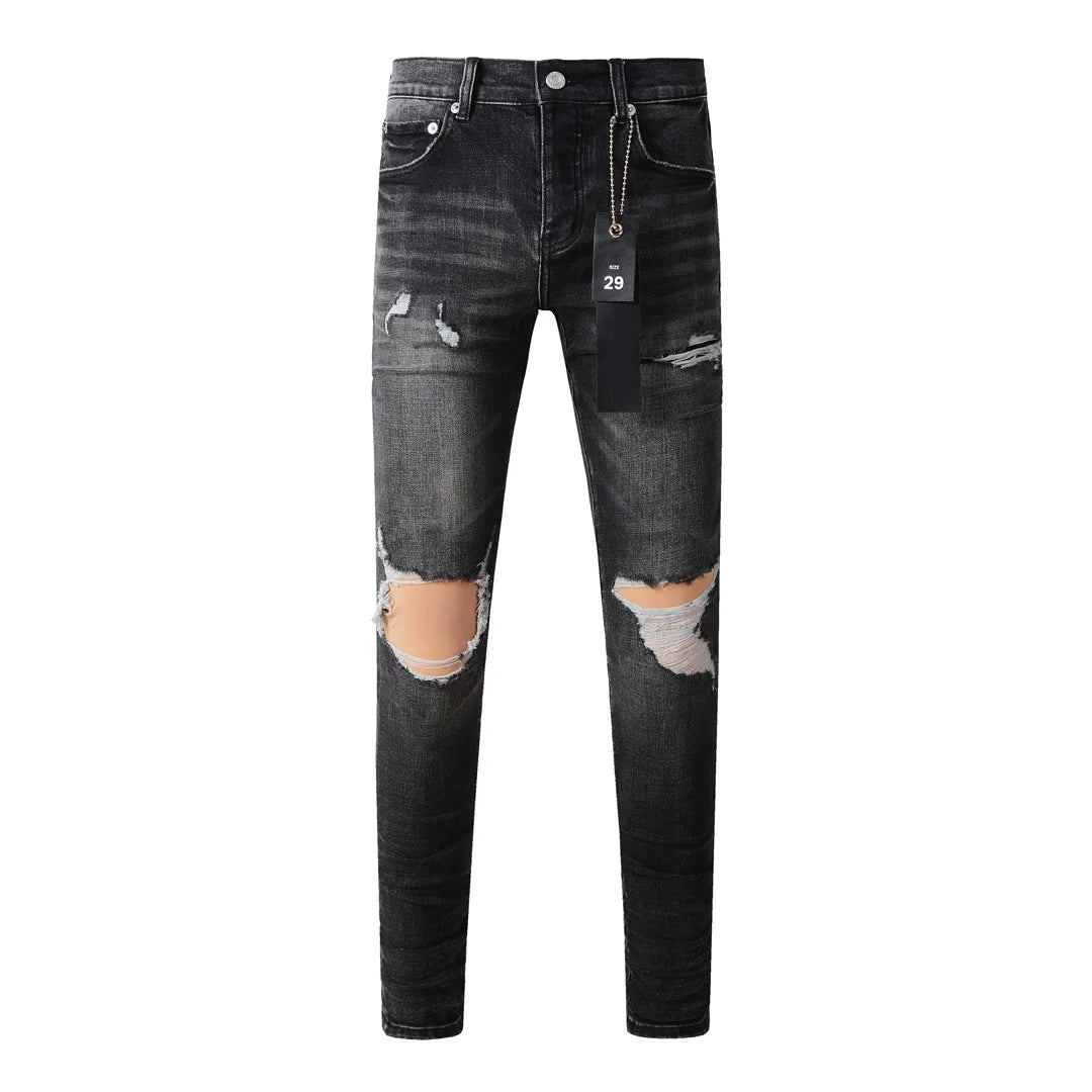 Americans High Street Trendy Men's Jeans Low Rise Stretch PantsSkinny Button Fly Ripped Retro Hold Trousers
