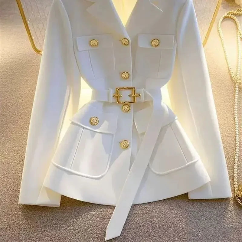 New High End Fashion Suit Jacket Coat Women Elegant Celebrity Pocket Long Sleeve Lapel Slim Blazer Outerwear Office Lady Tops