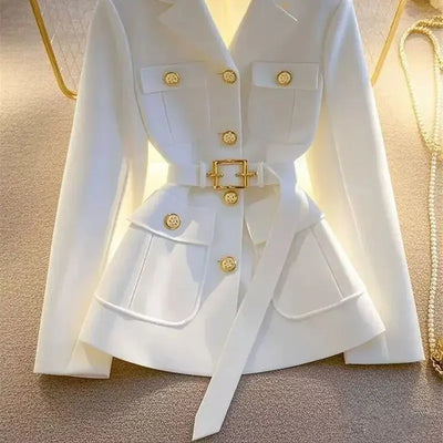New High End Fashion Suit Jacket Coat Women Elegant Celebrity Pocket Long Sleeve Lapel Slim Blazer Outerwear Office Lady Tops