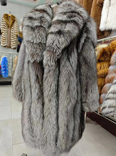 Women's Luxury Long Fox Fur Coat Real Fox Fur Jacket Winter Outerwear Silver Fox Fur Coat
