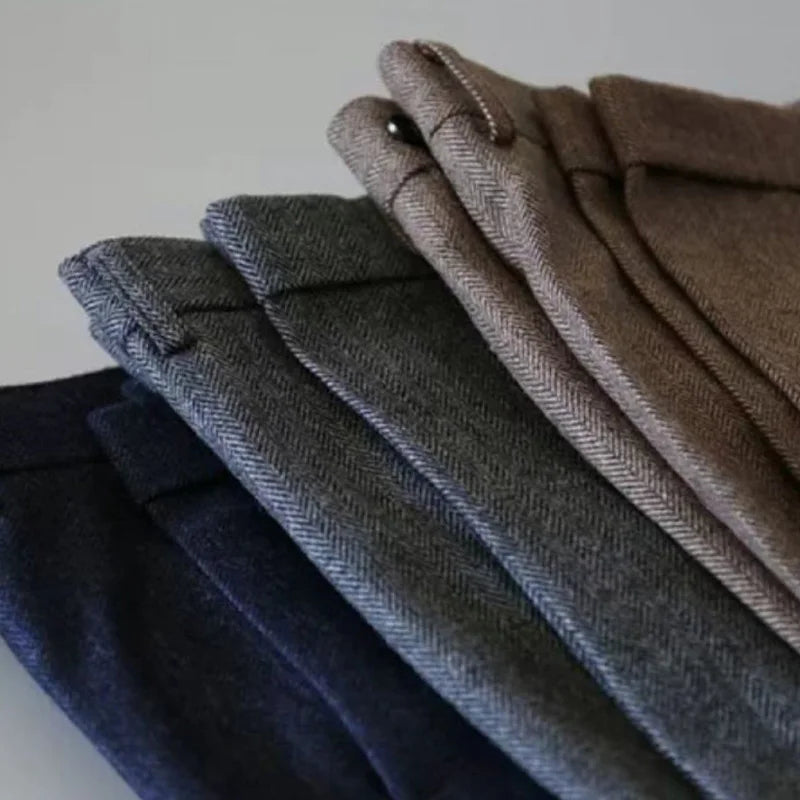 Autumn New Warm Wool Herringbone Casual Pants British Retro Woolen Loose Straight Pants for Men