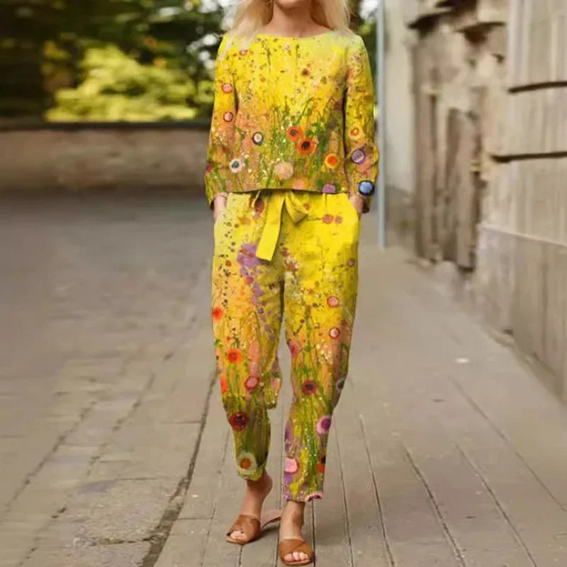 Spring Summer New Vintage Print Long Sleeve round Neck T-Shirt Set Wide Leg Pants Ethnic Style Fashionable Women's Outfit