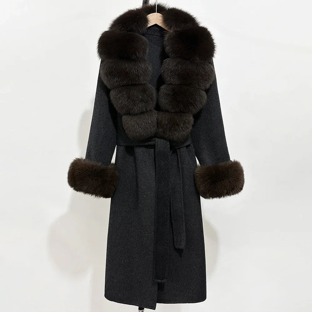 2025 New Autumn Wool Blend Coat Women Elegant Warm Real Fox Fur Collar Winter Wool Coat Female Double-sided Cashmere Jacket
