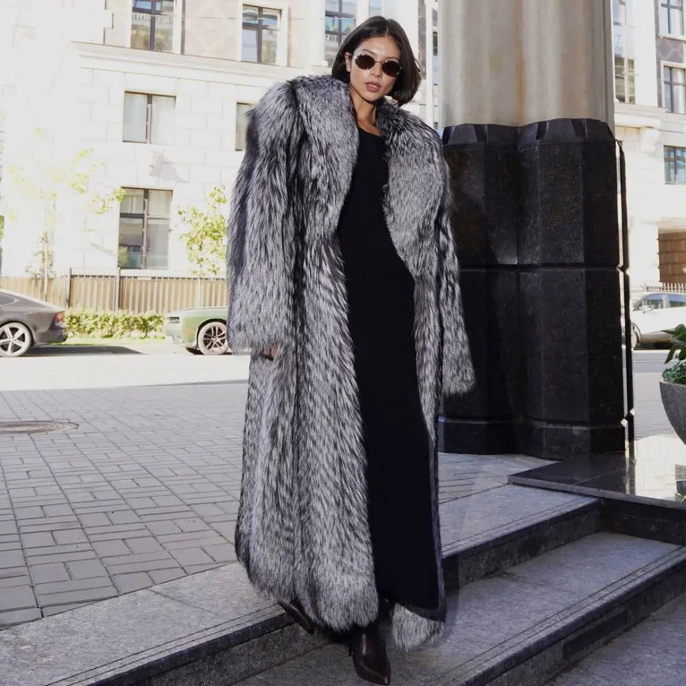 Women Real Silver Fox Fur Coat with Lapel Collar Whole Skin Genuine Silver Fox Fur Coat Women Winter Outwear Thick Warm Overcoat