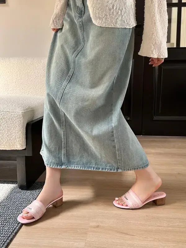 2024 Spring Summer New Women's Embroidery Letter Slippers One-Row Round Head Thick Heel Middle Heel Slip-On Outer Wear