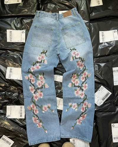 Vintage Low Waist Hip Hop Cherry Blossom Embroidered Jeans  Wide Leg Trousers Y2K Clothes Mens Womes Embroidered Baggy Jeans