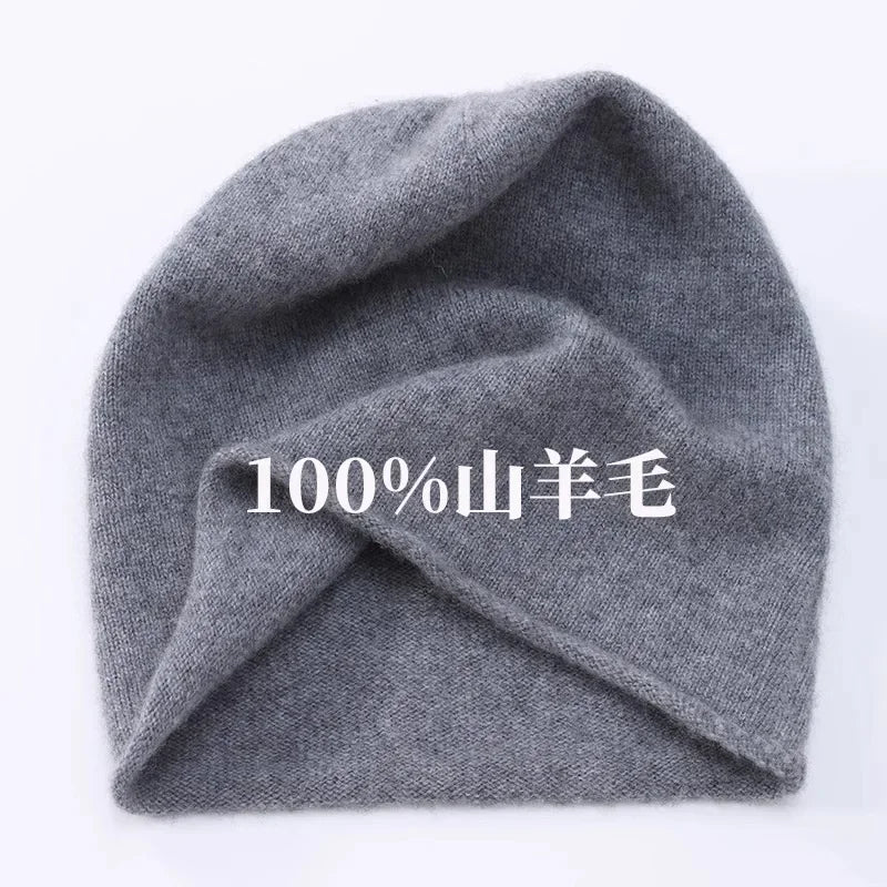 High Quality Pure Cashmere Hat Men Women Autumn Winter Warm Knit Curled Cold Wool Cap Male Casual Classic Solid Beanie Couple