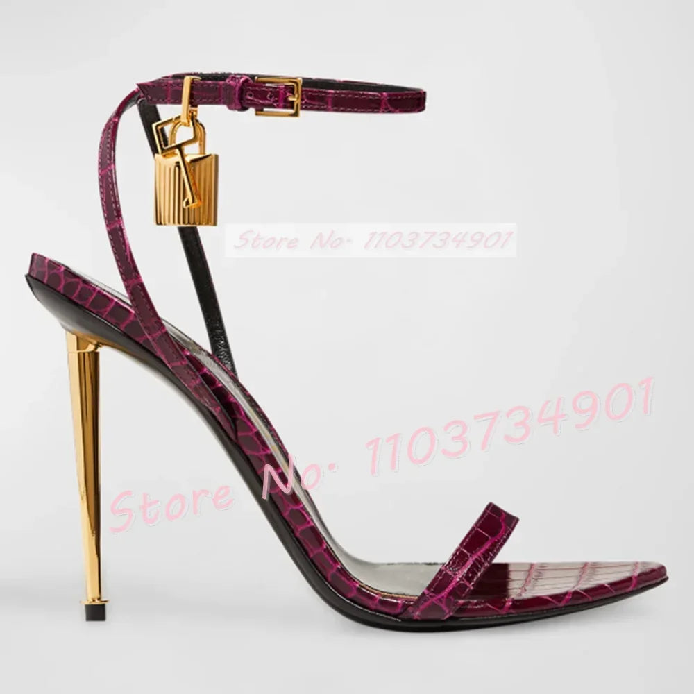 Metal Heel Lock Metallic Leather Sandals Female Luxury Open Toe Stiletto High Heels Shoes Lady Elegant Party Ankle Strap Sandals