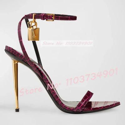Metal Heel Lock Metallic Leather Sandals Female Luxury Open Toe Stiletto High Heels Shoes Lady Elegant Party Ankle Strap Sandals