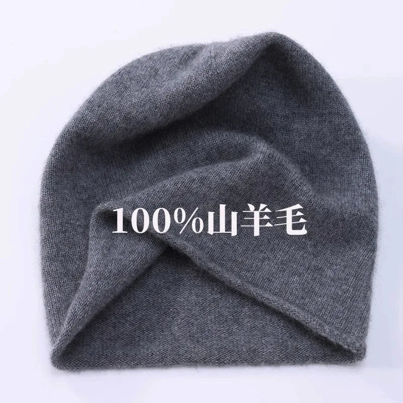High Quality Pure Cashmere Hat Men Women Autumn Winter Warm Knit Curled Cold Wool Cap Male Casual Classic Solid Beanie Couple