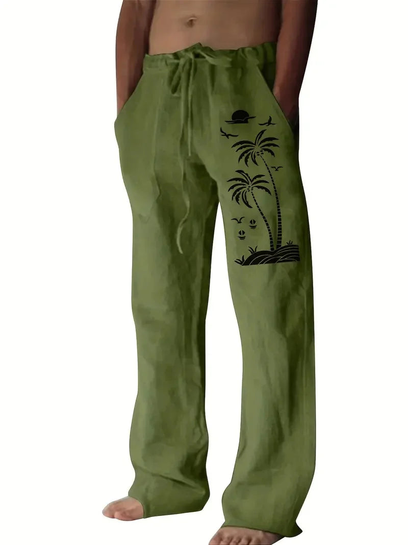 Vintage Coconut Tree Sunset Print men's New Winter Pants Fashion men's Sweatpants Men's Loose Casual Pocket Pull Rope Sweatpants