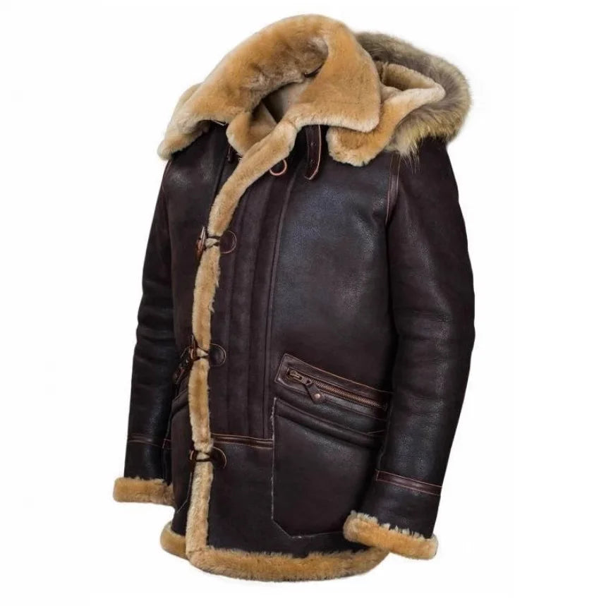 Retro Hooded Winter Leather Jacket Male Fur Integrated Coat Men Jacket with Button Closure Pockets Warm Wool Fur Jacket Coat
