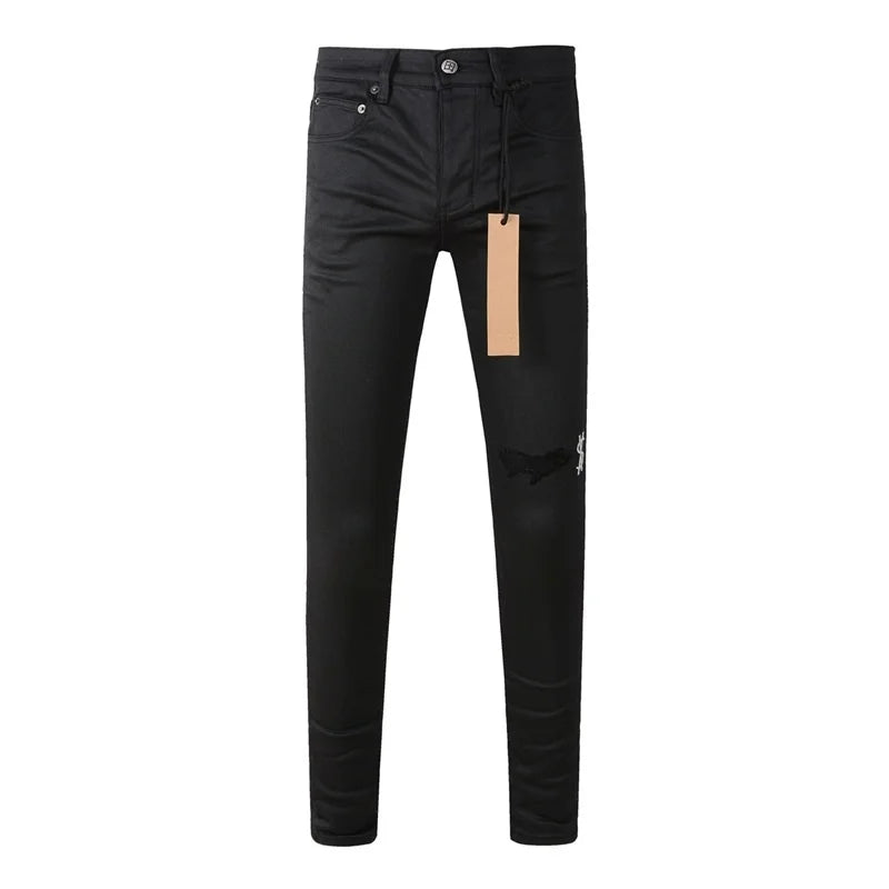25fw High Street Men's Jeans Paint Hole Trend Low Rise Skinny Denim Pants Pleated Ripped Solid Trousers