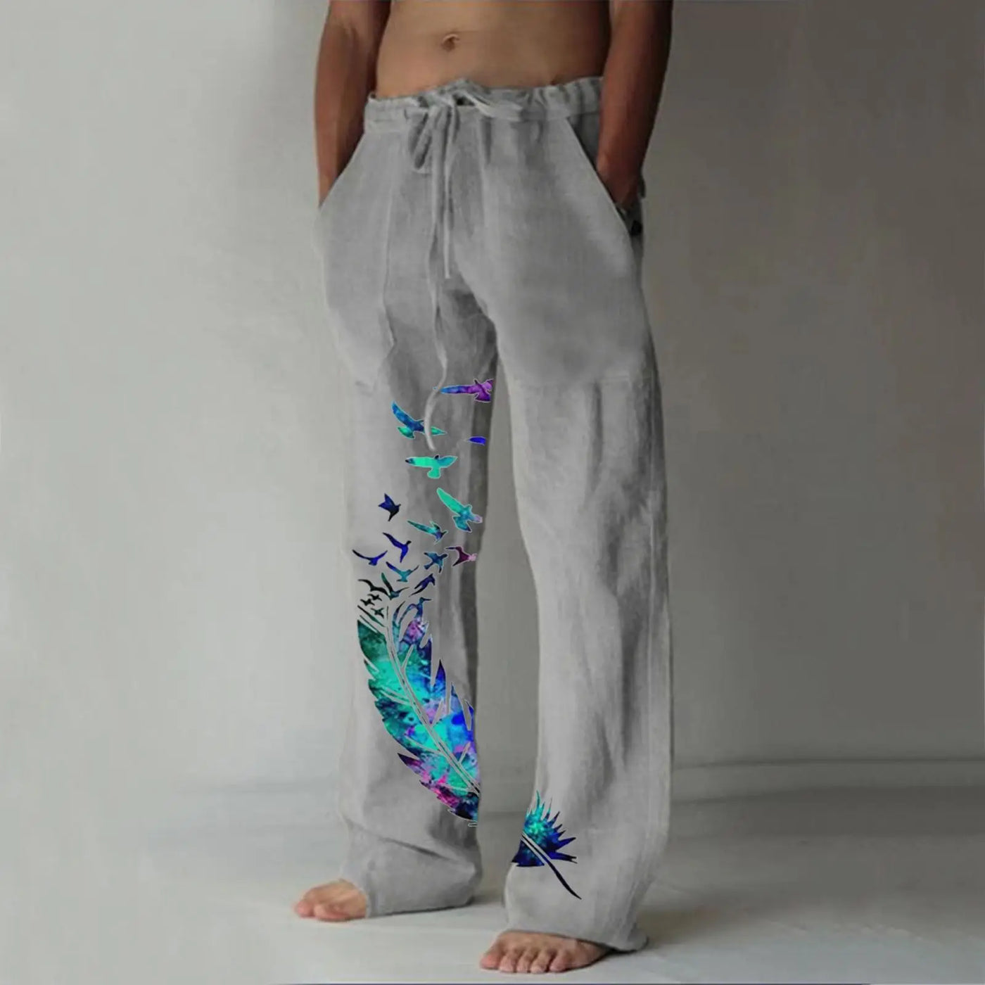 Men's Casual Print Dstring Trousers Comfortable Elastic Waist Long Pants Youth Faion Spor Straight Leg All Season