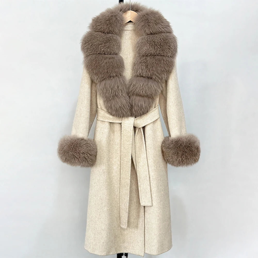2025 New Autumn Wool Blend Coat Women Elegant Warm Real Fox Fur Collar Winter Wool Coat Female Double-sided Cashmere Jacket