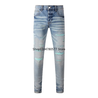 Americans Streetwear Distressed Vintage Men's Jeans Low Rise Stretch Skinny Button Fly Ripped Hold Pants