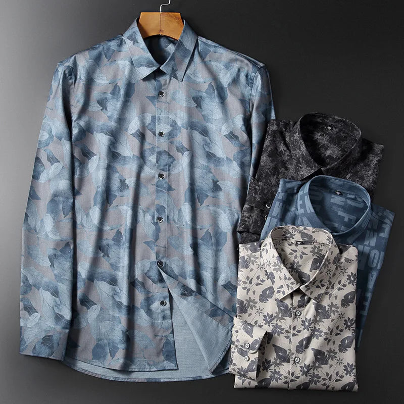 Spring and Autumn new bamboo fiber long sleeve shirt business slim shirt Men's clothing Men's long sleeve printed striped shirt