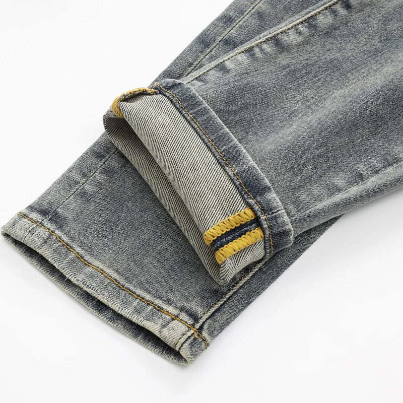 Y2K street fashion new men's jeans Y2k snake embroidery nostalgic washed elastic slim fit perforated red skin patch light blue