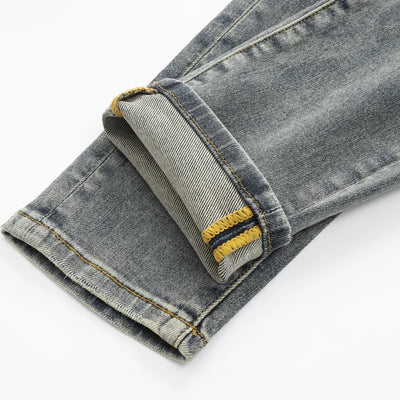 Y2K street fashion new men's jeans Y2k snake embroidery nostalgic washed elastic slim fit perforated red skin patch light blue