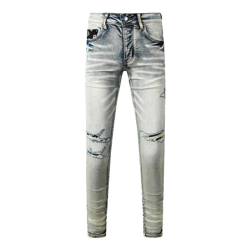Americans Streetwear Distressed Vintage Men's Jeans Low Rise Stretch Skinny Button Fly Ripped Hold Pants