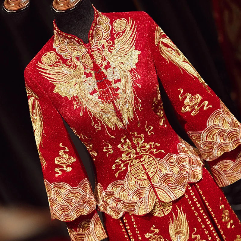 Traditional Chinese Bridegroom Bride Wedding Dress Qipao Costume Classic Embroidered Dragon Phoenix Cheongsam Hanfu Clothing 4XL