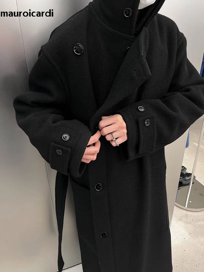 Mauroicardi Autumn Winter Oversized Long Thick Soft Warm Black Wool Blends Coat Men Luxury Designer Clothes Woolen Overcoat 2024