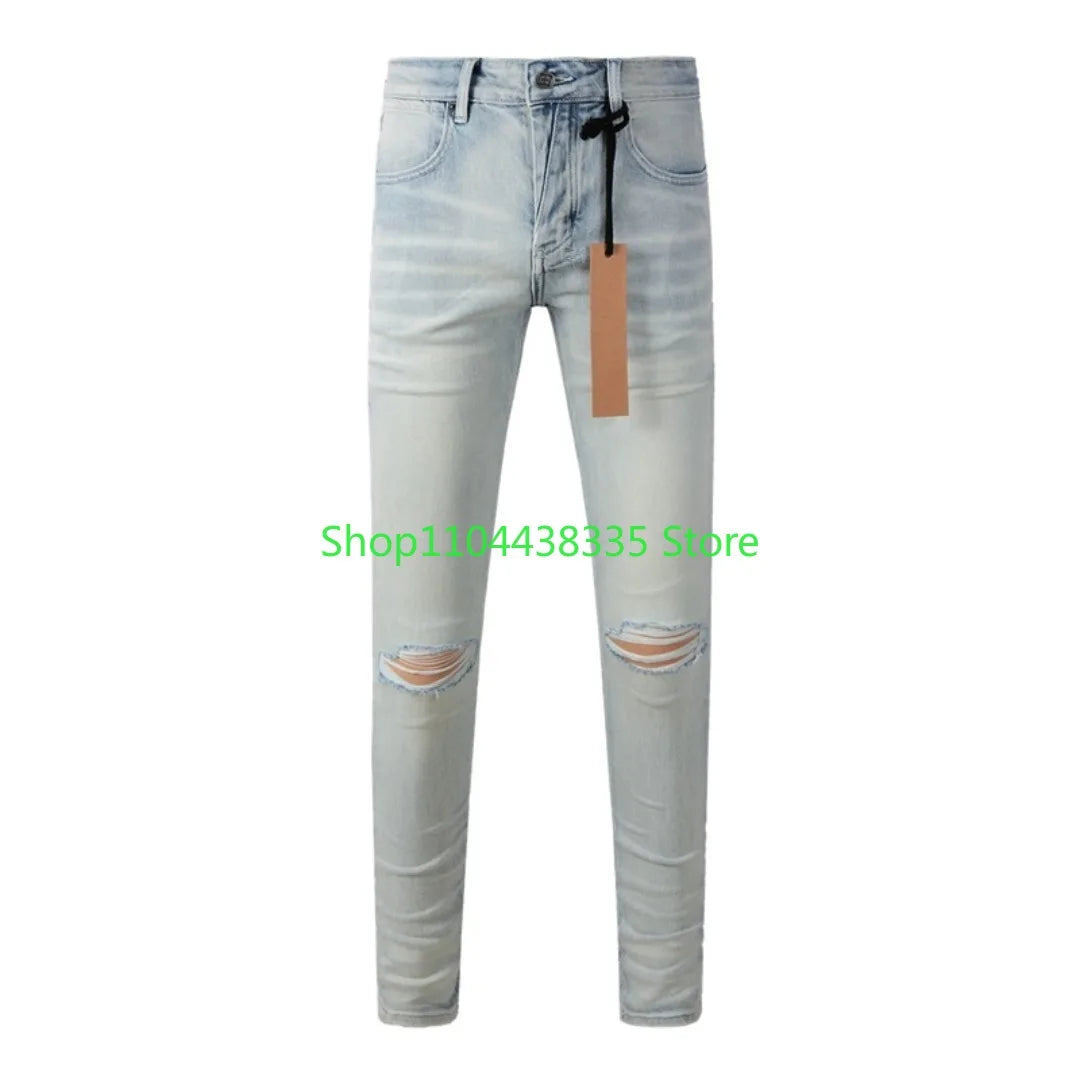 25fw High Street Men's Jeans Paint Hole Trend Low Rise Skinny Denim Pants Pleated Ripped Solid Trousers