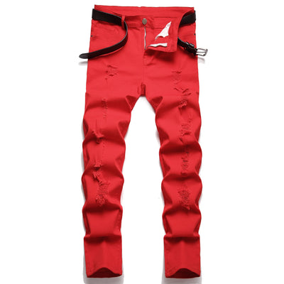 New Men 2022 American Style Fashion Stitching Two-color Yellow and Red Trend Stretch Jeans Male Trousers Denim Pants