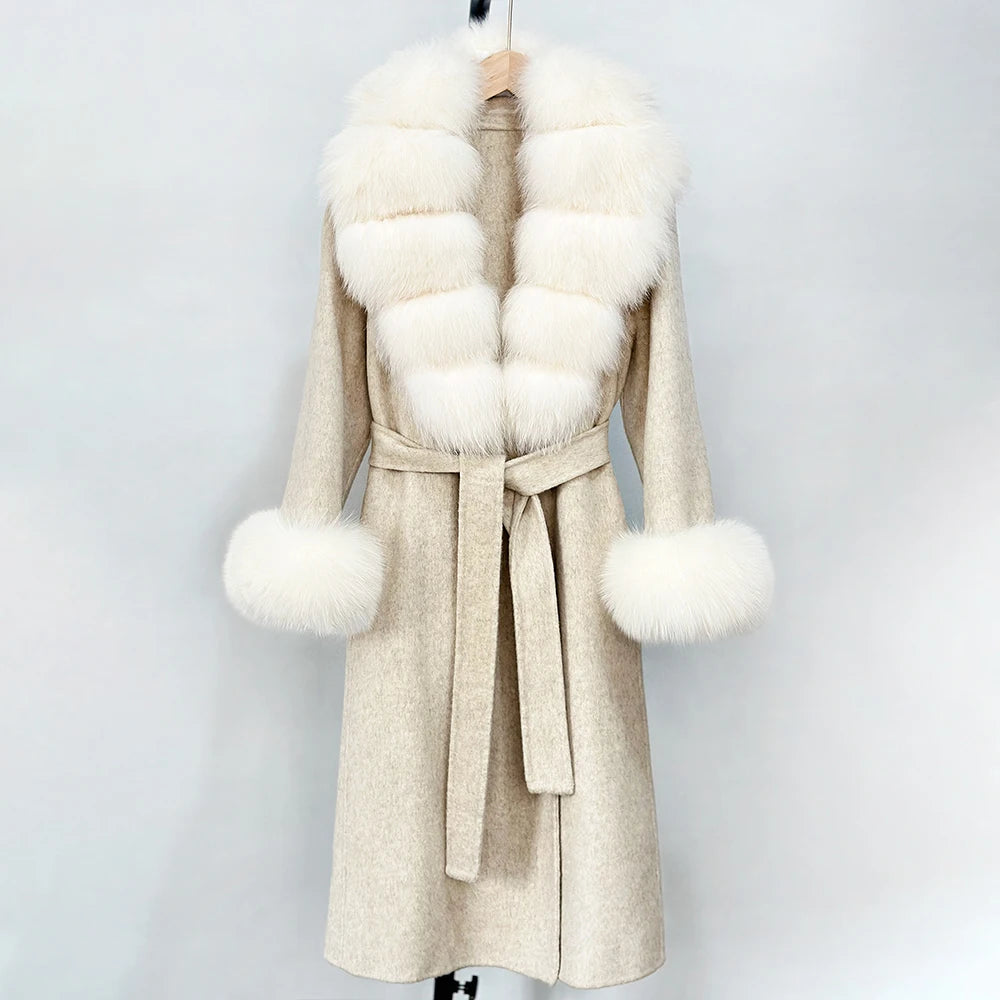 2025 New Autumn Wool Blend Coat Women Elegant Warm Real Fox Fur Collar Winter Wool Coat Female Double-sided Cashmere Jacket