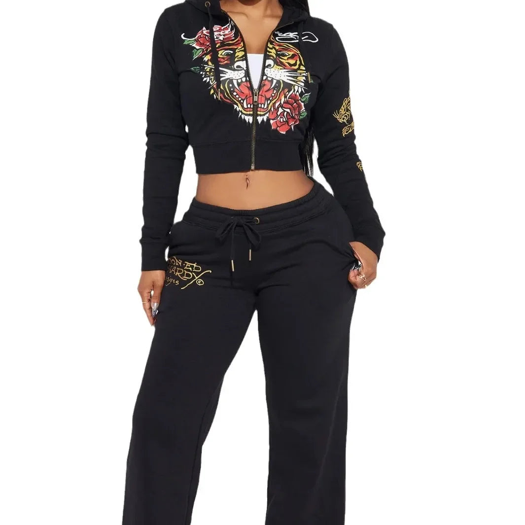 Comfortable Casual Fashion Streetwear Zipper Hooded Printed Two-Piece Set Women's Clothing Vibrant Artistic Design