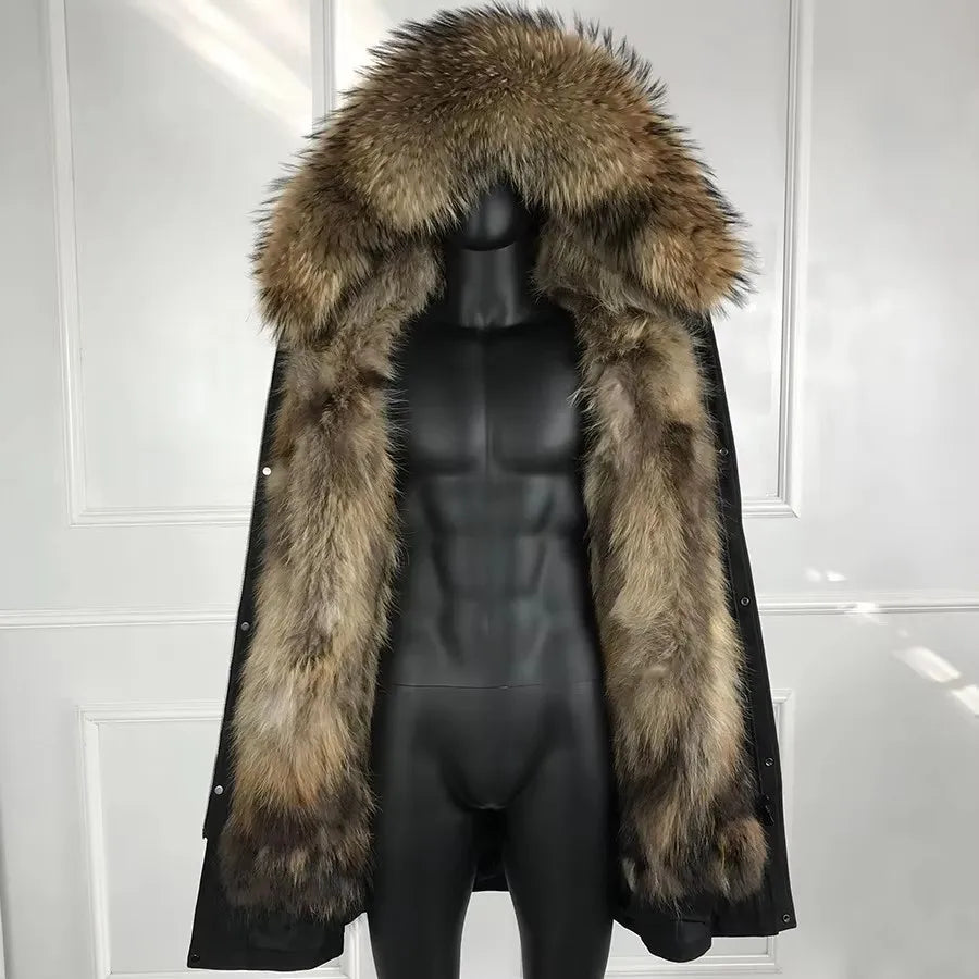 Real Raccoon Fur Coat Men Real Fur Parkas With Hood Warm Winter Men's Parka Natural Fox Fur Large Collar