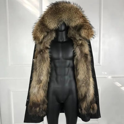 Real Raccoon Fur Coat Men Real Fur Parkas With Hood Warm Winter Men's Parka Natural Fox Fur Large Collar