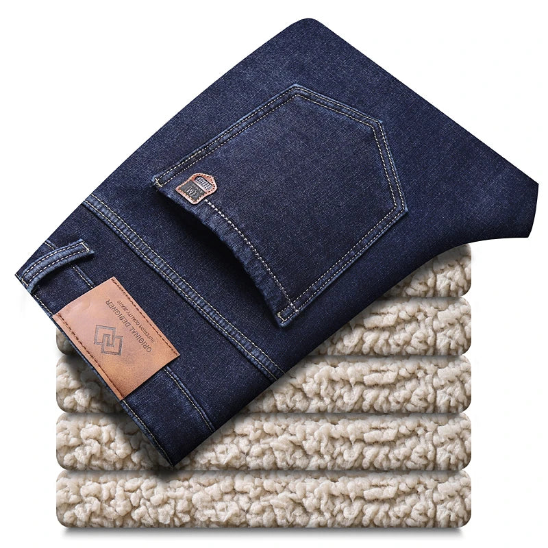 Winter Men's Fleece Thick Sherpa Jeans Business Casual Velvet Straight Denim Pants Male Wool Plush Classic Stretch Trousers