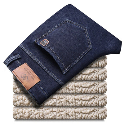 Winter Men's Fleece Thick Sherpa Jeans Business Casual Velvet Straight Denim Pants Male Wool Plush Classic Stretch Trousers