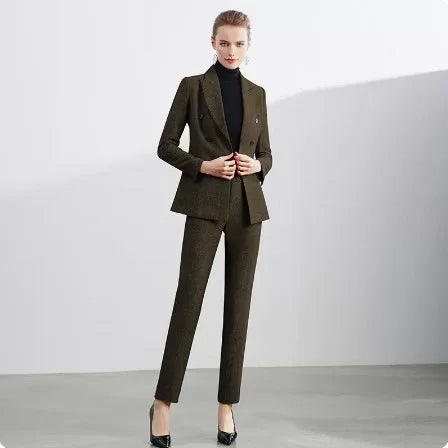 Retro Wool Suit Two Piece Sets Womens Outifits Double-Breasted Blazer Female President Manager Professional Suit Set Clothing