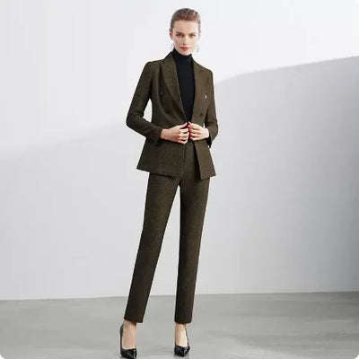 Retro Wool Suit Two Piece Sets Womens Outifits Double-Breasted Blazer Female President Manager Professional Suit Set Clothing