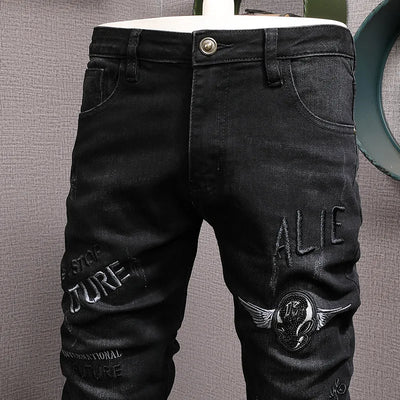 Embroidered printed black jeans for men, fashionable street style slim fit with small feet, trendy stretch denim pants