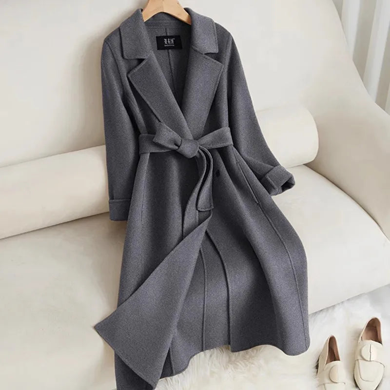 Red Double-sided cashmere Coat Women's 2025 New Autumn Winter high-end Woolen Coats With belt Temperament Long Overcoat Female