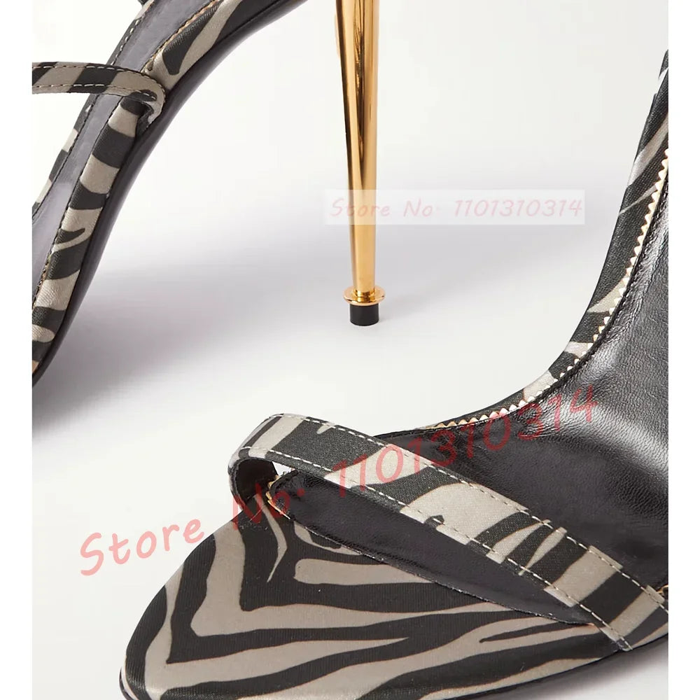 Padlock Zebra-print Satin Sandals Sexy Women Gold Pendant Metal High Heel Shoes Ladies Ankle Strap Summer Feminine Evening Shoes