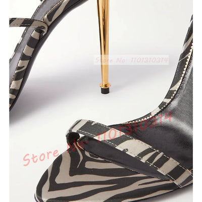 Padlock Zebra-print Satin Sandals Sexy Women Gold Pendant Metal High Heel Shoes Ladies Ankle Strap Summer Feminine Evening Shoes